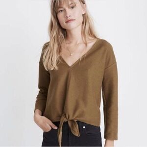 Madewell Texture & Thread Long-Sleeve Tie-Front Top in Asparagus